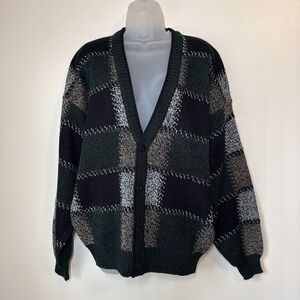 Vintage Expressions Cardigan Sweater Mens Size M Plaid Button USA Grandpa Preppy